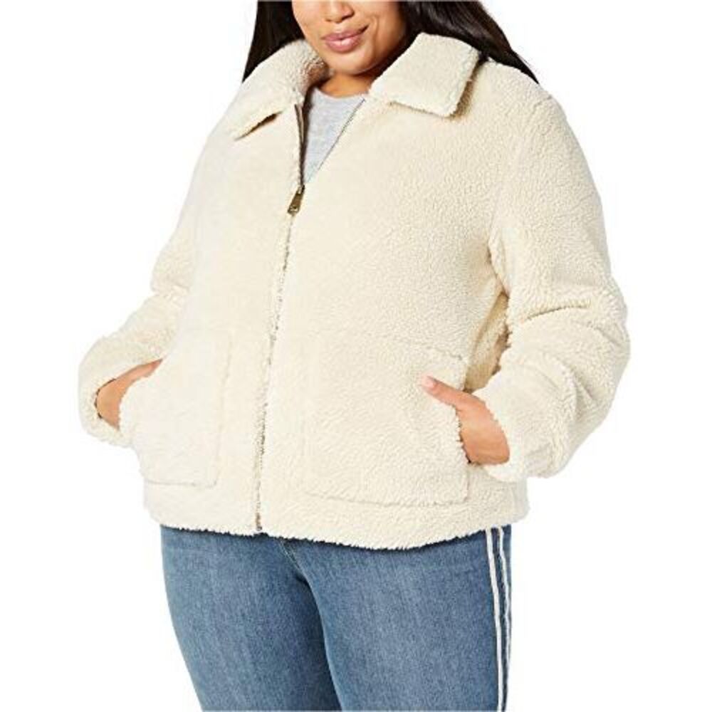 Style & Co Womens Plus Size Teddy Jacket Beige Cream 2X/3X